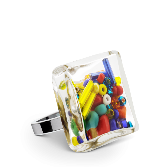 Bague en verre soufflé - Carré Medium Mix Perles