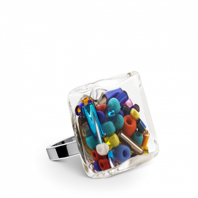 Bague en verre soufflée - Carré Mini Mix Perles